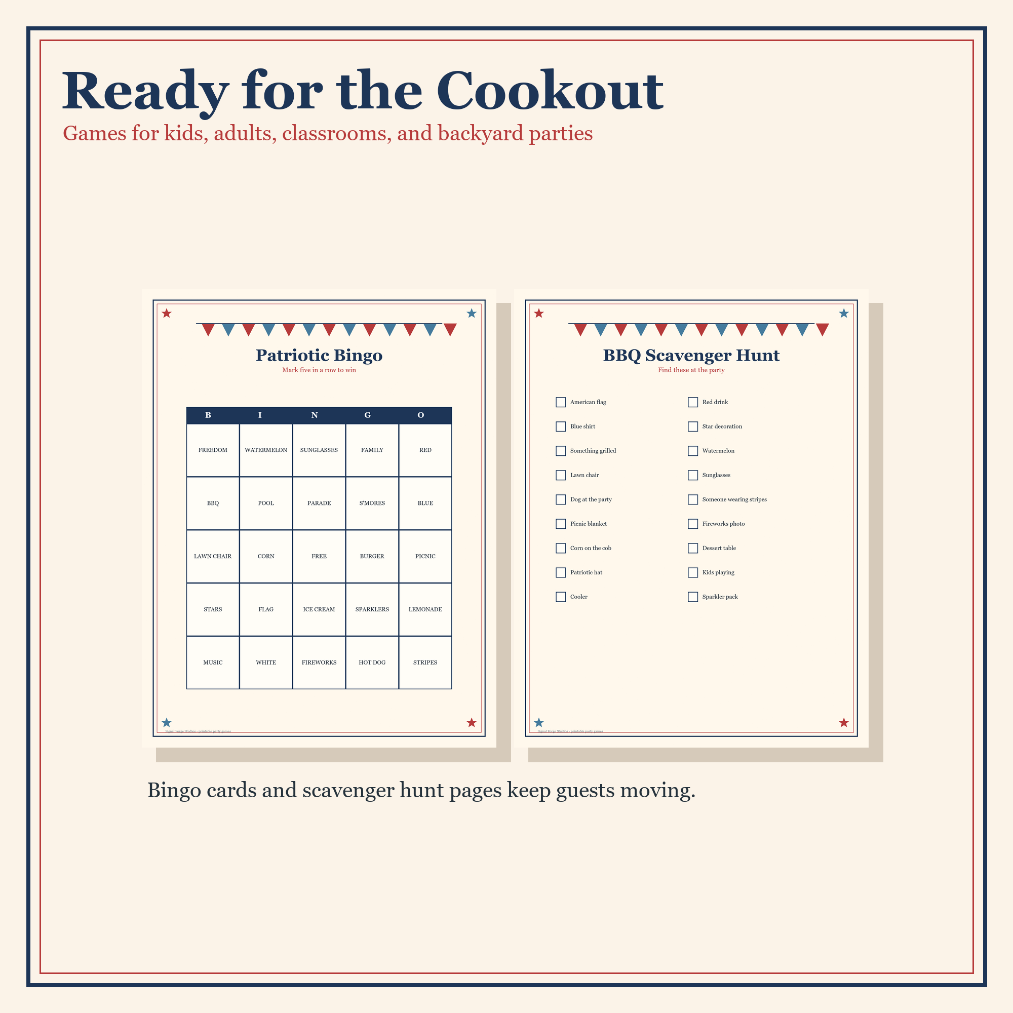 Closeup of printable bingo and scavenger hunt pages