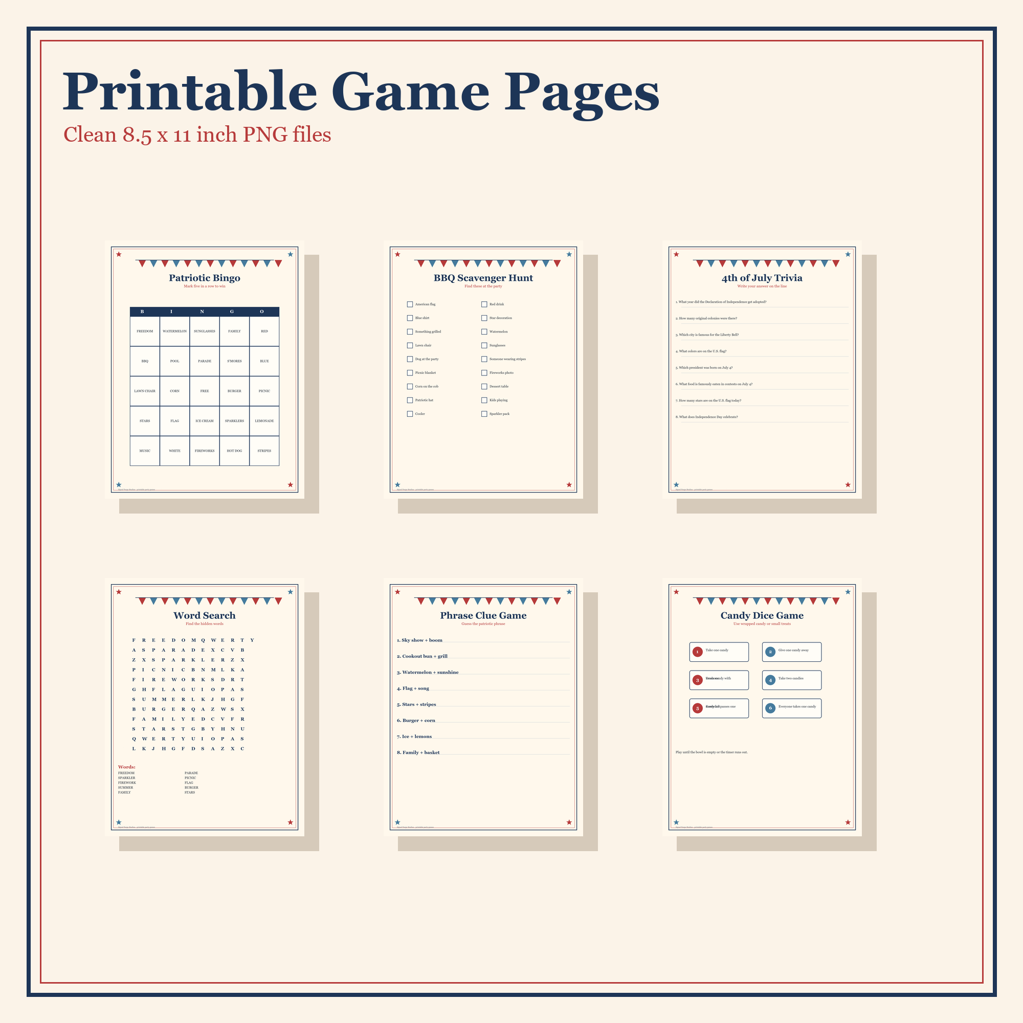 Printable 4th of July bingo trivia scavenger hunt and word search pages